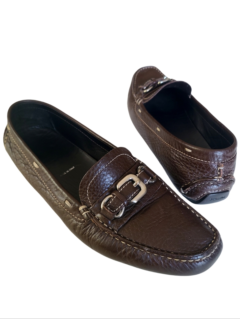 PRADA Dark Brown Pebble Leather Luxury Driving Moccasin Slip On Loafer 36